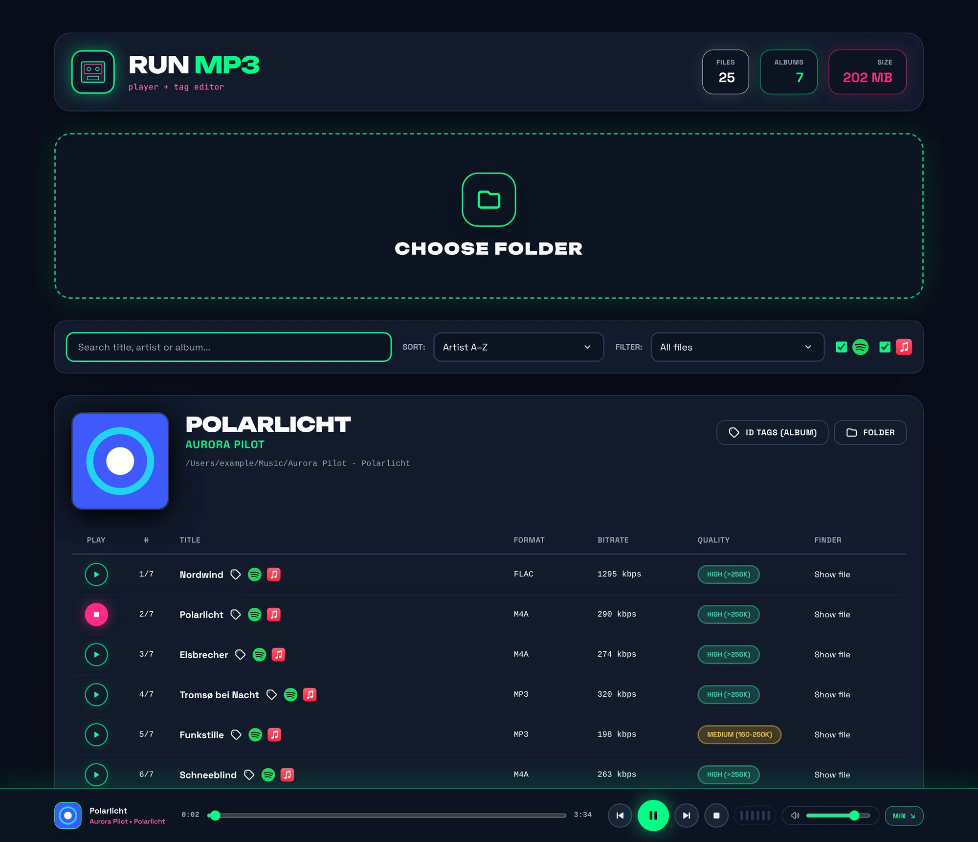 RUN MP3 with a music library loaded: the album “Polarlicht” with seven songs, quality labels, Spotify and Apple Music links, and the player at the bottom.